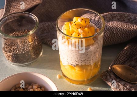 Pudding aus Chiasamen, Mangopüree, Pinienkernen und Joghurt auf dem Tisch mit einem Löffel und einer grauen Serviette. Leckeres und gesundes Frühstückskonzept, Stockfoto