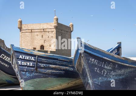 Malerische Scala du Port am Hafen von Essaouira, Marokko, Afrika Stockfoto