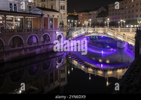 Berühmte drei Brücken auf dem Preseren-Platz im Zentrum von Ljubljana, farbenfroh beleuchtet bei Nacht, Slowenien, Europa Stockfoto