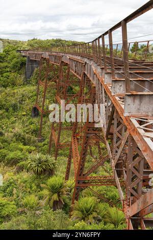 Alte, ungenutzte Eisenzugbrücke an der Old Coach Road, Nordinsel Neuseelands Stockfoto