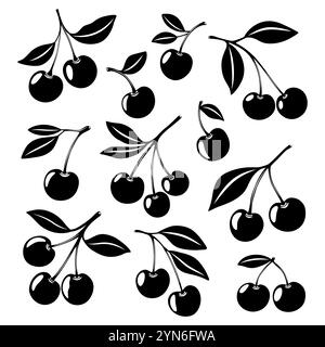 Niedliches Set Mit Schwarzweiß-Ausschnitt In Cartoon-Silhouette Und Kirschsymbol. Einzeln, ein Paar Kirschen und eine Gruppe Kirschen mit Blättern Clipart. Kirschkunst, Design Stock Vektor