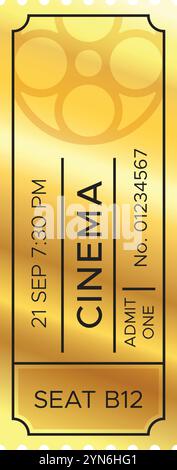 Golden Cinema Ticket für Unterhaltung, Filme und den Nervenkitzel, Filme auf der Großleinwand anzusehen, bietet Zugang zu einem fesselnden Stock Vektor