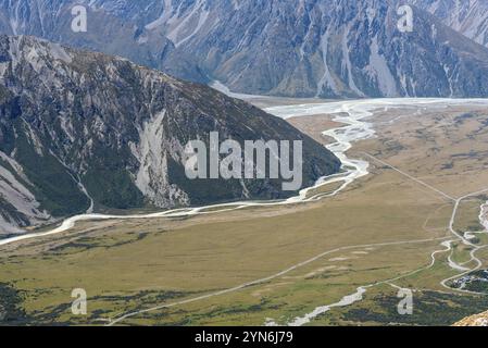 Malerischer Blick auf das Hooker Valley von der Mueller Hut Route, dem Mount Cook Nationalpark, Südinsel Neuseelands Stockfoto