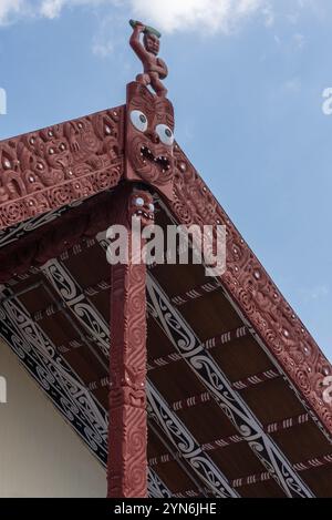 Versammlungshalle des Dorfes Whakarewarewa, Nordinsel Neuseelands Stockfoto