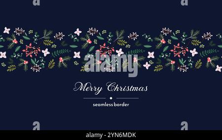 Frohe Weihnachten und Happy Holidays Kartenschablone mit Neujahrsblumen, Beeren, Zweigen, Laubgegenständen auf blauem Hintergrund. Festlich Modern Stock Vektor