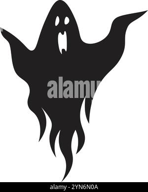 Die schwarze Silhouette eines gruseligen Geistes, der mit offenem Mund, schwenkenden Armen und einem flammenden Boden vor weißem Hintergrund schwimmt, sorgt für ein schauriges halloween Stock Vektor