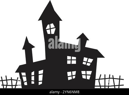 Die schwarze Silhouette eines gruseligen Spukhauses mit schiefem Zaun und beleuchteten Fenstern ist perfekt für halloween-Themen und schafft ein gruseliges und geheimnisvolles Stock Vektor