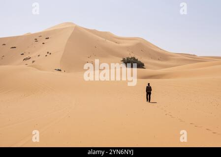 Wanderung auf der Großen Düne von Merzouga in der Erg Chebbi Wüste, marokkanische Sahara Wüste Stockfoto