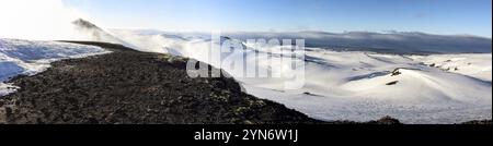 Panorama der verschneiten Landschaft auf Fimmvoerduhals Wanderweg am frühen Morgen, Hochland von Island Stockfoto