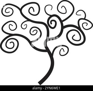 Stilisierte Schwarzweiß-Baumzeichnung mit spiralförmigen Zweigen für einen fesselnden und eleganten Look, perfekt für Naturprojekte Stock Vektor