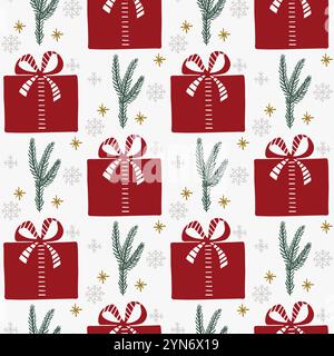 Nahtloses Weihnachtsmuster in Geschenkboxen und Tannenzweigen. Handgezeichnete Vektorillustration Stock Vektor