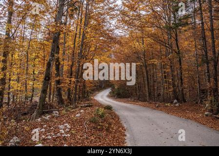 Wandern durch das Vrata-Tal im Herbst, Triglav-Nationalpark in den Julischen Alpen, Slowenien, Europa Stockfoto