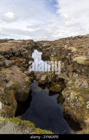 Wassergefüllte Spalte des kontinentalen Grabens im Thingvellir Nationalpark, Island, Europa Stockfoto