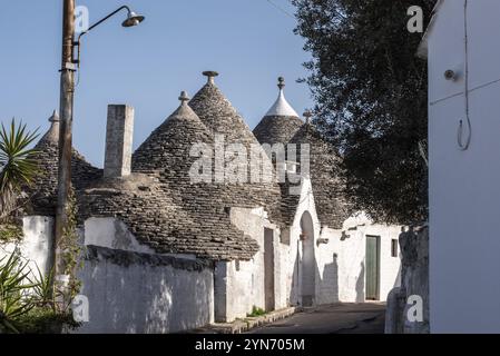 Berühmte Wohnhäuser im historischen Trulli-Viertel in Alberobello, Italien, Europa Stockfoto