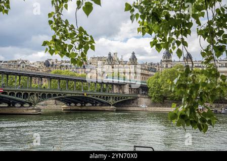 Eine U-Bahn überquert die Brücke Bir Hakeim über die seine in Paris, Frankreich, Europa Stockfoto