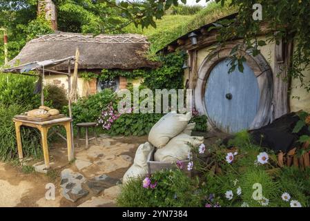 HOBBITON, NEUSEELAND, 20. JANUAR 2023, berühmtes Dorf Hobbiton in Matamata aus den Filmen der Hobbit und Herr der Ringe, Neuseeland, Ozeanien Stockfoto