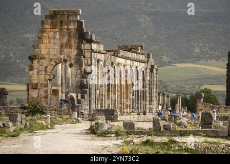 Berühmte Ruinen des Forums in Volubilis, einer alten römischen Stadt in Marokko, Nordafrika Stockfoto