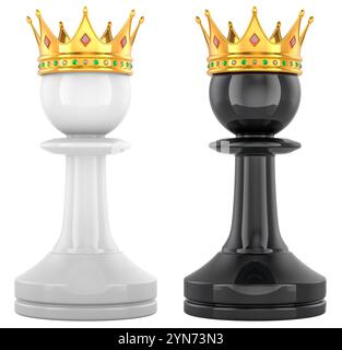Schachfiguren mit goldenen Kronen. 3D-Rendering isoliert auf weißem Hintergrund Stockfoto