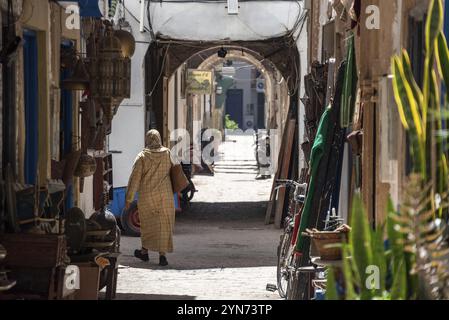 Idyllische Gasse in der Medina von Essaouira, Marokko, Afrika Stockfoto