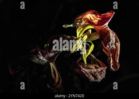 Ein verwelkter Blumenstrauß mit einer beleuchteten Lilie im Dunkeln Stockfoto