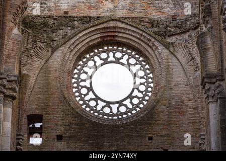 Zerstörte Fensterrosette im verlassenen Zisterzienserkloster San Galgano in der Toskana, Italien, Europa Stockfoto