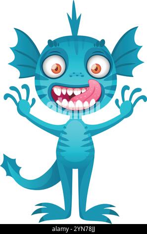 Skurrile, farbenfrohe Karikatur eines lustigen blauen Monsters, das seine Zunge herausragt und fröhlich die Hände hebt. Perfekt, um jedem Projekt Humor zu verleihen Stock Vektor