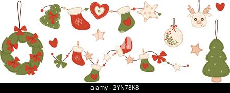 Handgefertigtes Weihnachtsspielzeug, Dekoration und Girlanden. Isolierter Weihnachtskranz, Baum-, Ball- und Hirschgesicht. Neujahr Retro Kollektion Handdekoraten Stock Vektor