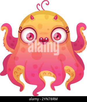 Ein Lächeln mit großen Augen, kleinen Hörnern, rosa und gelben Farben, ideal für Illustrationen, Fantasy-Geschichten und Spiele für Kinder Stock Vektor