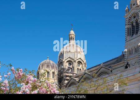 Marseille, Frankreich, 24. November 2024: Basilika Notre-Dame de la Garde, eine historische und religiöse Stätte. Die Lage auf einem Hügel bietet einen atemberaubenden Blick auf Ma Stockfoto