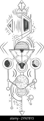 Geometrische Zeichnung, die Planeten und Monde mit esoterischen und mystischen Symbolen repräsentiert und eine elegante und symmetrische Komposition schafft Stock Vektor