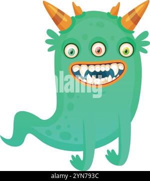 Zeichentrickillustration eines lustigen grünen, dreiäugigen Monsters, das lächelt und seine Zähne zeigt, ideal für Kinderillustrationen, halloween-Designs oder andere Stock Vektor