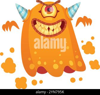 Cartoon-Illustration eines orangen fliegenden Monsters mit einem Auge mit großen Zähnen, Hörnern und wütenden Gesichtsausdrücken, das angreift und orangene Partikel ausstrahlt Stock Vektor