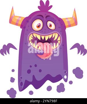 Lustiges lilafarbenes Comic-Monster, das seine Zunge herausstreckt, scharfe Zähne und offenen Mund zeigt, mit orangefarbenen und gelben Hörnern und violetten Flecken, ideal für Stock Vektor