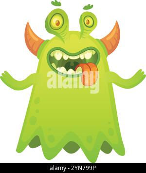 Grünes Comic-Monster mit Hörnern, die die Zunge herausragen, Zähne und Arme ausgebreitet zeigen, hungrig, schleimig und beängstigend aussehen Stock Vektor