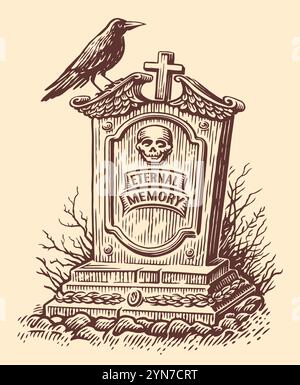 Alter Grabstein und Rabe, Skizze. Friedhof, Grabstein. Handgezeichnete Vektorgrafik Stock Vektor