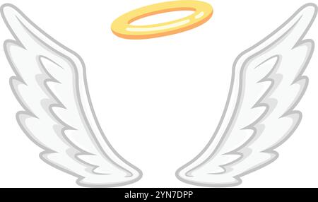 Weiße gefiederte Engelsflügel mit einem goldenen Halo, der über ihnen schwebt, symbolisiert Unschuld, Göttlichkeit und eine Verbindung zum Himmel Stock Vektor