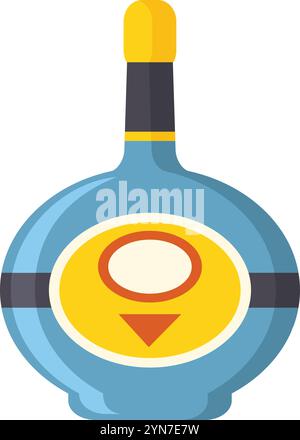 Karikaturabbildung einer blauen Flasche Schnaps mit einem gelben Etikett mit einem Kreis und einem nach unten zeigenden Dreieck, gekrönt mit einem gelben Deckel und Stock Vektor