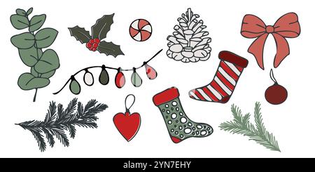 Vektor-Weihnachtskritzelillustration mit festlichen Elementen wie Tannenzapfen, stechpalme, Strümpfe, Bögen und Ornamente. Ideal zum Ausmalen von Seiten, DIY Stock Vektor