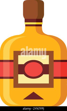 Die volle, ungeöffnete Flasche goldener Whiskey ist mit einem auffälligen roten und cremefarbenen Etikett mit einem roten Kreis in der Mitte vor einem sauberen weißen Hintergrund versehen Stock Vektor