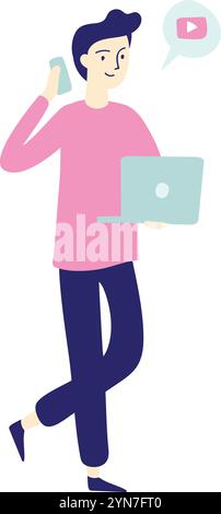Junger Mann, der aus der Ferne arbeitet, seinen Laptop und sein Smartphone benutzt und an eine Videoplattform denkt, ein Porträt voller Länge auf weißem Hintergrund Stock Vektor