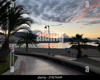 Am frühen Morgen an der Küste von Los Cristianos. Arona, Teneriffa, Kanarische Inseln, Spanien. Februar 2023. Stockfoto