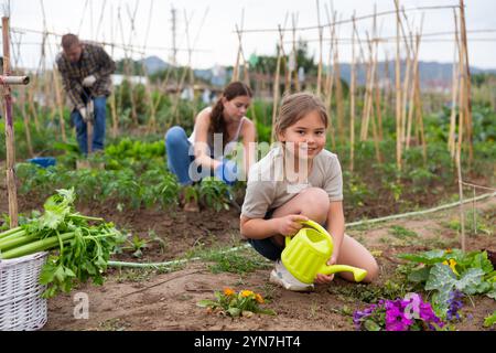 Kind Mädchen hilft ihren Eltern im Gemüsegarten arbeiten Stockfoto