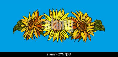 Sonnenblumen Linie Kunst, Feine Linie Sonnenblumensträuße Handgezeichnete Illustration. Ausmalseite mit Sonnenblumen. Stock Vektor