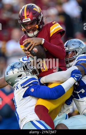 Landover, MD, USA. November 2024. Washington Commanders Quarterback Jayden Daniels (5) wird von den Dallas Cowboys Linebacker DeMarvion Overshown (13) und Defensive End Chauncey Golston (99) während des NFL-Spiels zwischen den Dallas Cowboys und den Washington Commanders in Landover, MD Reggie Hildred/CSM/Alamy Live News, entlassen Stockfoto