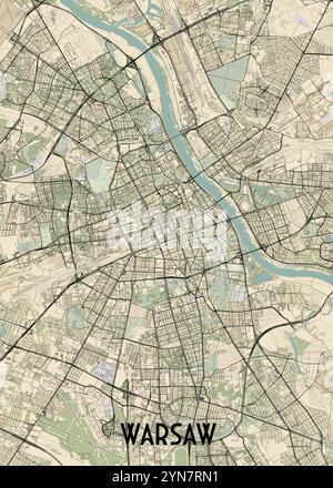 Diese detaillierte Karte zeigt die Stadt Warschau, Polen, mit einem Schwerpunkt auf dem Straßennetz und den wichtigsten Sehenswürdigkeiten. Stock Vektor