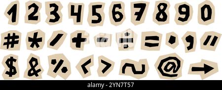 Papierausschnitte für Zahlen und Schilder. Satzzeichen und Zeichenkollage festgelegt. Symbole, Klammern, Elemente für Dekoration, Poster, Banner, Druck. Lösegeld-STYLE-Pack. Vektor Stock Vektor