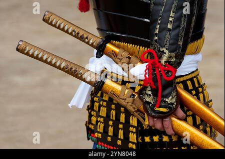 Samurai-Krieger mit einem Katana-Schwert während des Hikone Castle Festivals in der Präfektur Shiga, Japan. Stockfoto