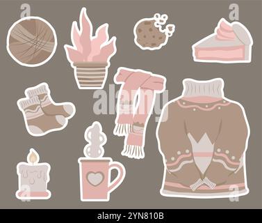Kuschelige Herbst Kleidung Aufkleber Set. Pullover, Schal, Socken und Wollball. Becher mit heißem Getränk. Kekse und ein Stück Kuchen. Dessert und Delikatesse. Flach Stock Vektor