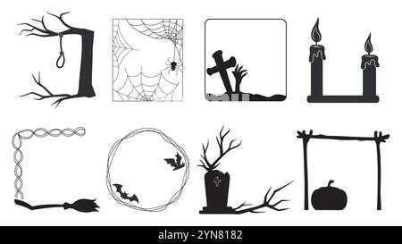 Halloween Rahmen Set. Silhouetten von Kerzen und Kürbis. Internationaler Feiertag der Angst und des Horrors. Vorlage für Poster oder Banner. Linearer Vektor Stock Vektor