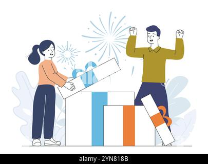 Menschen, die Geschenke öffnen. Mann und Frau in der Nähe einer Schachtel mit Geschenken. Überraschungen und Geschenke. Neujahr und Weihnachten, Geburtstag und Valentinstag. Linearer Vektor Stock Vektor